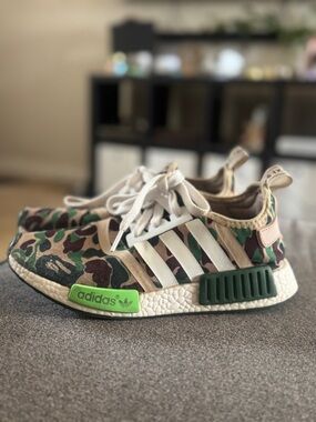ADIDAS Camo NMD R1 Sneakers in Green, Brown & White